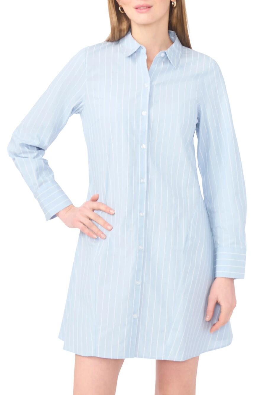 1.State Stripe Long Sleeve Cotton Button-Front Mini Shirtdress Blue Denim XS